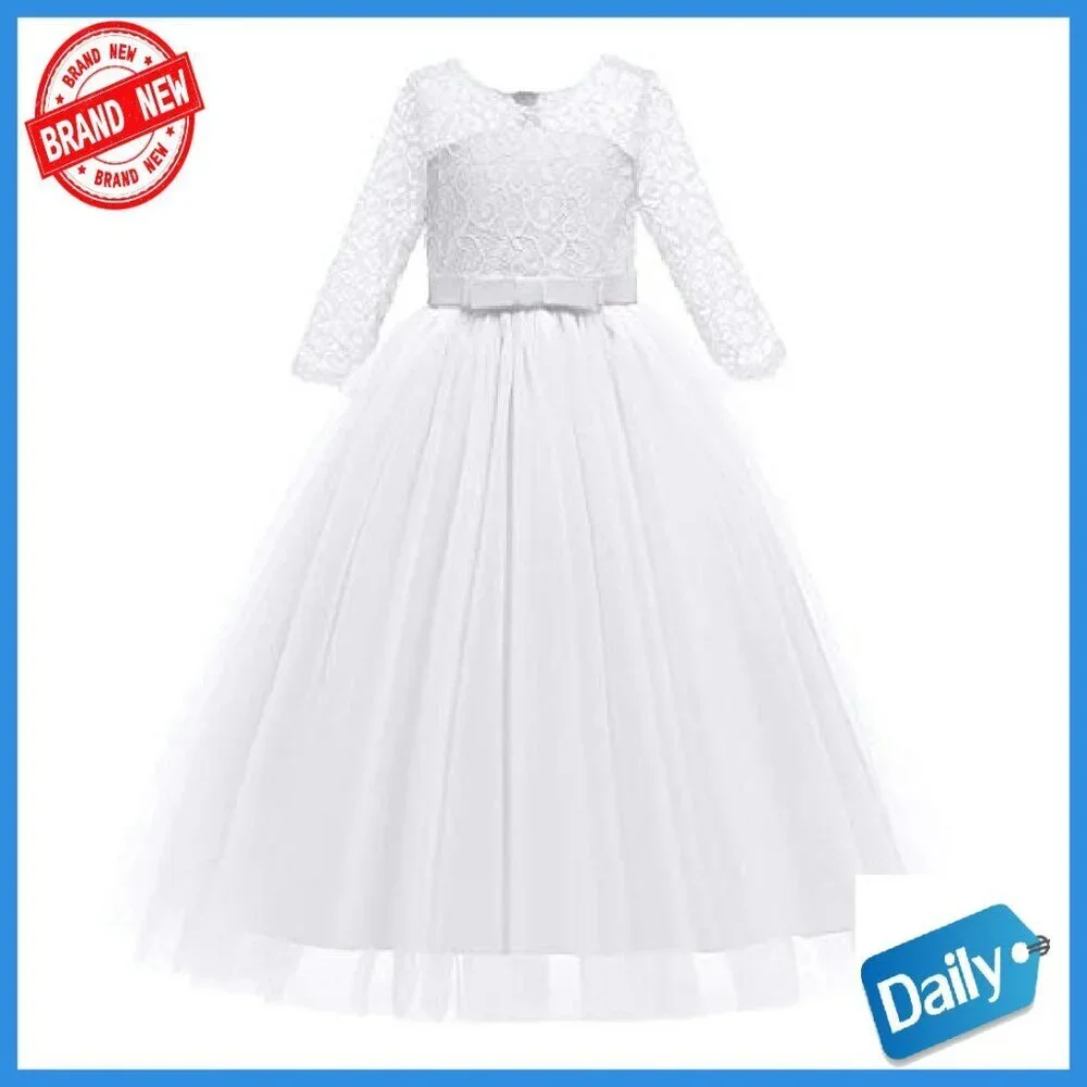Girls Floral Lace 3/4 Sleeve Floor Length Formal Dress Size 2-14Y